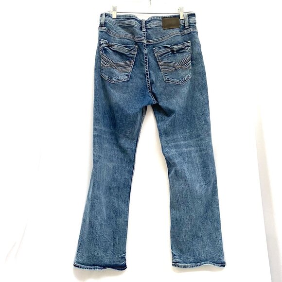 BKE Mens Tyler Bootcut Jean 34x30 (fit 34x29) Light Wash Whiskered Denim Western - Picture 2 of 12